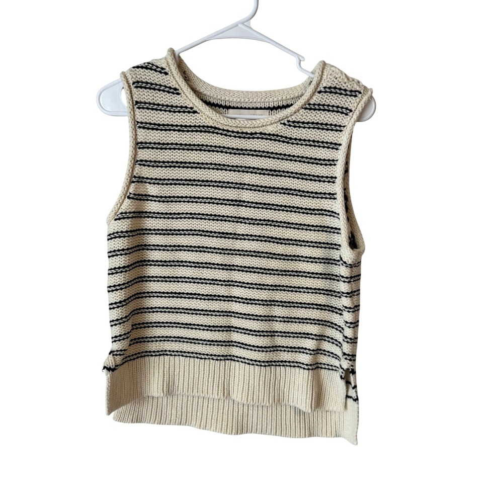 Lucky Brand Womens Striped Sleeveless Sweater Vest Cream Navy Small Crew Neck